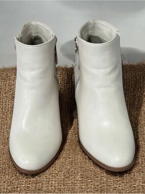 Cream Side-Zip Ankle Booties with Stacked Heel